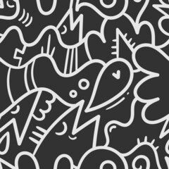 Seamless pattern with cute cartoon creatures on black background. Funny cartoon animals print. Doodle monster poster.