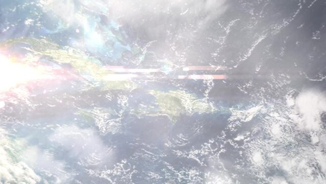 Earth zoom in from outer space to city. Zooming on Cap-Haitien, Haiti. The animation continues by zoom out through clouds and atmosphere into space. Images from NASA