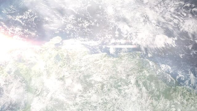 Earth zoom in from outer space to city. Zooming on Los Teques, Miranda, Venezuela. The animation continues by zoom out through clouds and atmosphere into space. Images from NASA