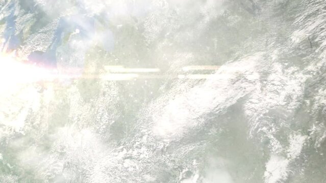 Earth zoom in from outer space to city. Zooming on Orsha, Belarus. The animation continues by zoom out through clouds and atmosphere into space. Images from NASA