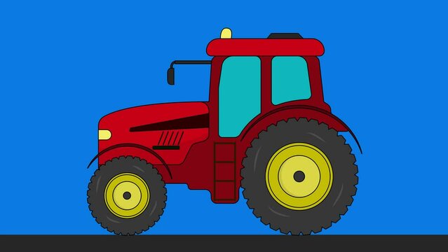 Close-up side view of a tractor driving on a road seamless loop animation motion graphics