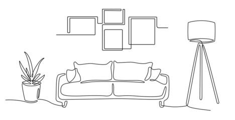 Continuous line interior with sofa, plant, lamp and frames for photo. One line drawing of Living room with modern furniture editable stroke. Single line. Handdraw contour. Flower in pot. Doodle vector