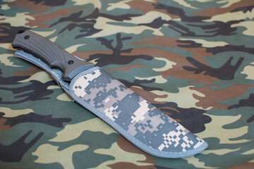 Tactical Blade Combat Hunting Survival Knife Set On Camouflage Cloth In Background - obrazy, fototapety, plakaty