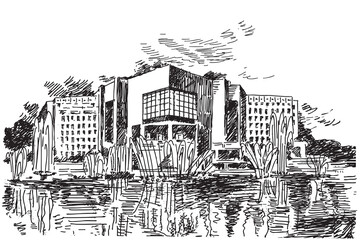 City landmarks Atyrau Kazakhstan sketch river lake fountain building reflection water. Graph vector illustration