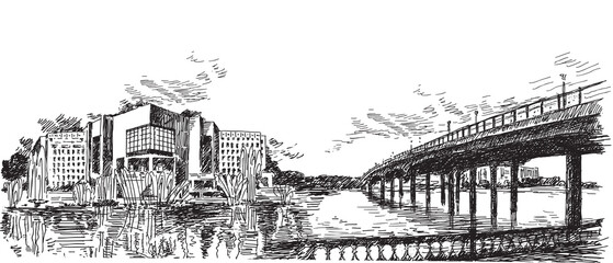 Bridge across the river in the city of Atyrau in Kazakhstan hand-drawn sketch. Vector graphics