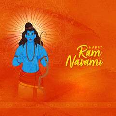 Hindu Mythological Lord Rama Character With Bow And Arrow On Mandala Background For Happy Ram Navmi (Lord Rama Birthday) Religious Festival.