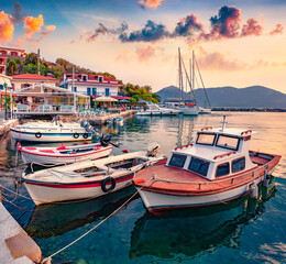 Boats and yachts on Vathi port. Exciting morning scene of Peloponnese peninsula, Greece, Europe....