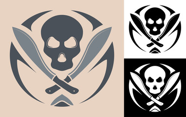 Human skull with crossed machete knives. Pirate symbol of robbers and bandits. Vector isolated on white background