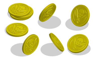 Isometric gold coin with Human skull and crossed knives symbol. Pirate hidden treasures of robbers and bandits. Realistic 3D Vector isolated on white background