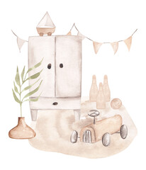 Vintage watercolor illustration for design, print, baby shower. Hand painted retro cute children room decor of bag, toys, chair,  home plants isolated on white background. 