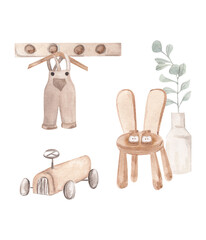 Watercolor boho nursery set. Vintage 
 illustration for design, print, baby shower. Hand painted cute children room decor of basket, baby clothes, chair, greenery isolated on white background. 
