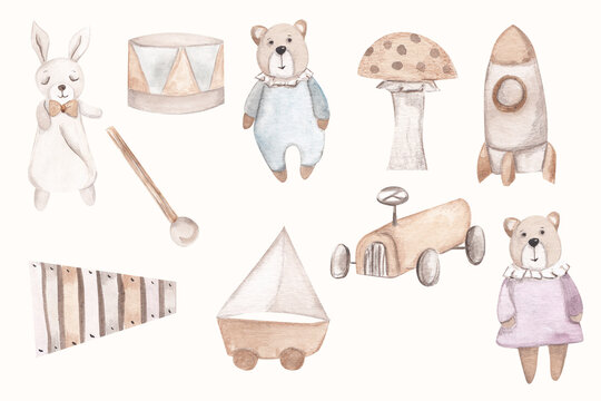 Set Of Watercolor Boho Toys, Kids Room Staff, Rainbow, Bear, Bird On White Background, Baby Shower Invite Design