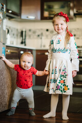 Kids at home. Portrait of a cute girl dressed in Ukrainian folk embroidered dress posing for a photo. Child with wreath of poppies on his head. National ethnic traditional costume or dress.