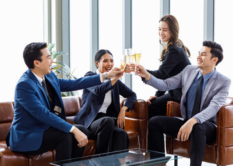 Group of Asian happy cheerful professional successful businessmen and businesswomen in formal suit...