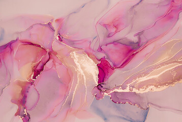 Abstract liquid ink painting background in pink colorswith gold splashes.