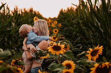 mom and son are happy. mom and baby are smiling. field of sunflowers. the setting sun. fair -...