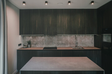 Dark grey kitchen modern interior design. Interior lighting plan.