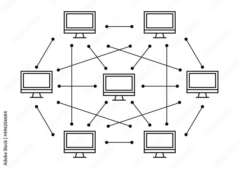 Leinwandbilder P2p online system laptop icon linked network design vector illustration template. Blockchain crypto currency smart contract protocol contain global cryptography hash, transaction data document.