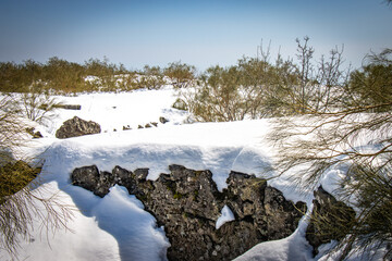 snow on etna, vulcano, sicily, italy, europe, lava stone, black, 