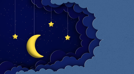 3d moon and stars on clouds night starry sky background.