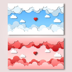 Love Heart. Blue and pink sky with clouds background. Flat style vector illustration.banners.posters.