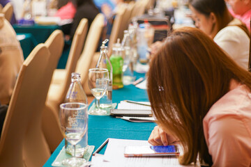 Abstract blurred indoor people seminar in boardroom of hotel