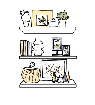 Interior and decor items in dud style. Doodle illustration. Doodles.
