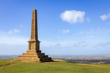 View of the war memorial on Ham Hill over the Somerset countryside in the south west of England UK