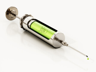 Green substance in retro iron syringe with poison symbol. 3D illustration