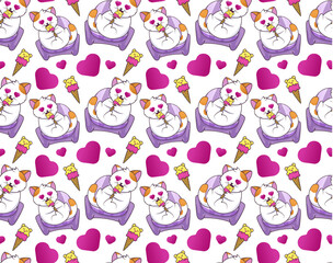 seamless pattern with cat and hearts, vector illustration