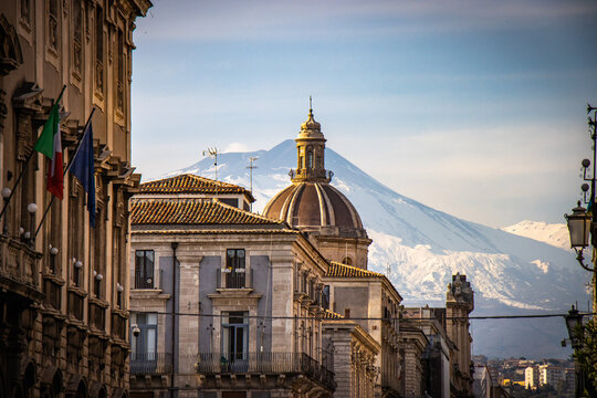 via etnea, view of etna, vulcano, snow, snow capped, sicily, italy, europe