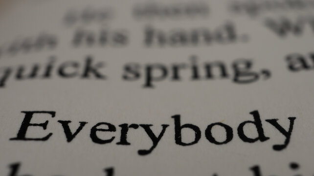 Everybody text in open book page, close up, macro shot of everybody word, education and novel concept, selective focus