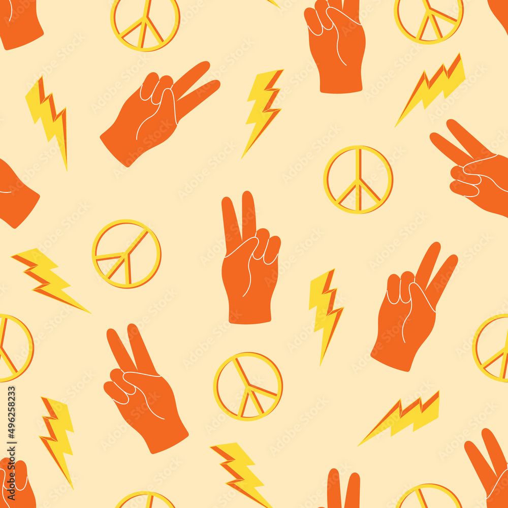 Poster seamless vector pattern with peace gesture and signs. 70s retro background with hands. vintage nosta
