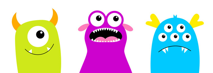 Happy Halloween. Monster set line. Kawaii cute cartoon funny baby character. Colorful silhouette. Sticker print. Eyes, horn, teeth fang tongue, wings. Flat design. White background. © worldofvector