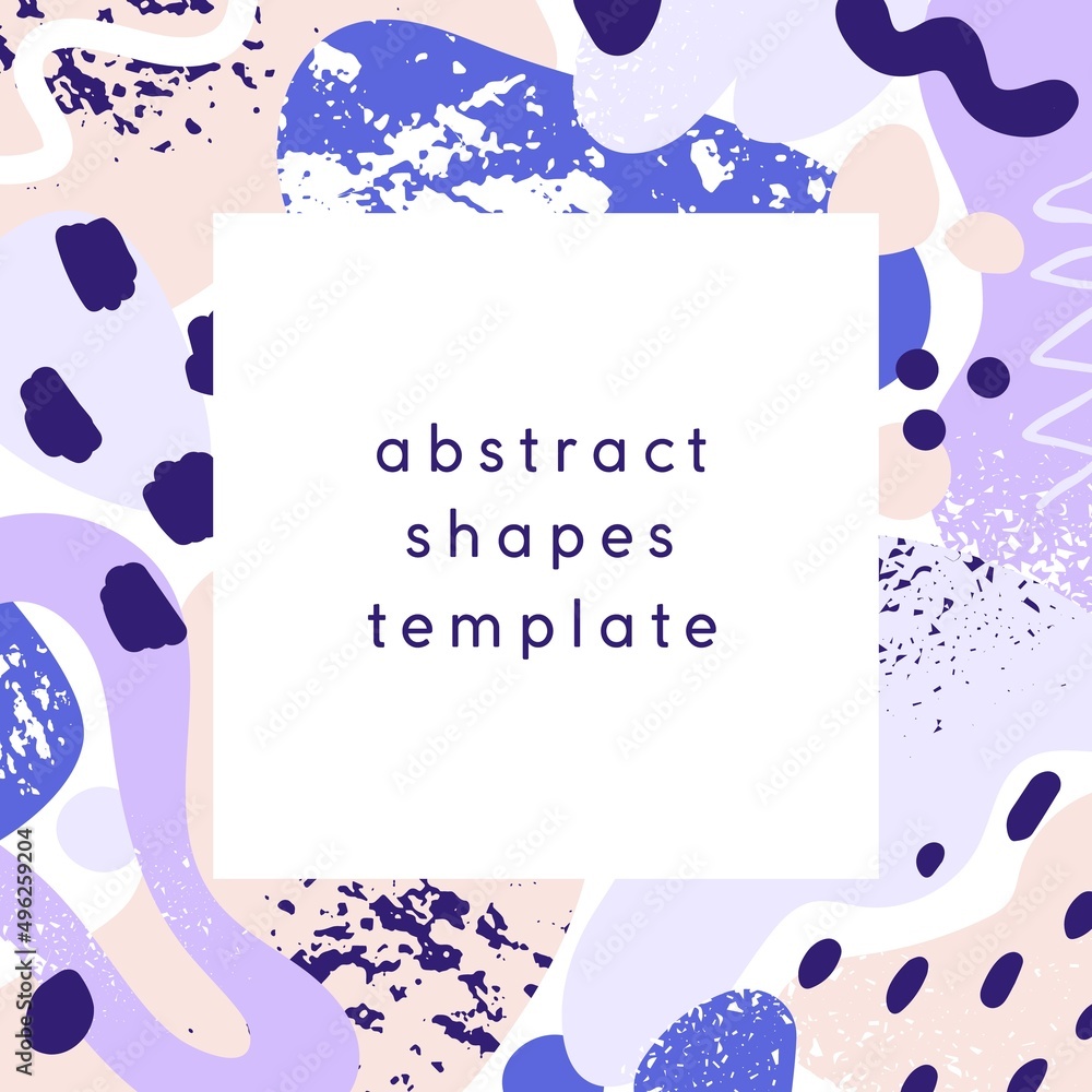 Aufkleber Abstract background design with modern shapes pattern, creative elements frame. Square card, social media post template with organic blobs, dots, lines, brush strokes. Colored flat vector illustration