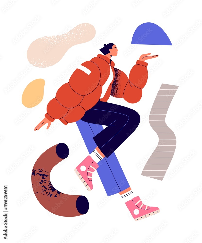 Poster young creative person with modern abstract geometric shapes. active inspired man, trendy creator and
