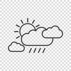 Weather icon in flat style. Sun, cloud and rain vector illustration on white isolated background. Meteorology sign business concept.