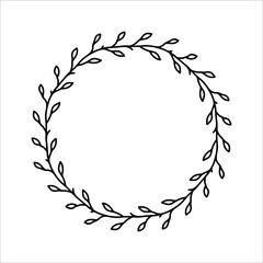 Vector hand drawn spring wreath isolated on white background. Outline circle of leaves. Doodle style. Floral frame. Family monogram.