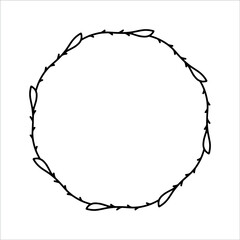 Vector hand drawn spring wreath isolated on white background. Outline circle of leaves. Doodle style. Floral frame. Family monogram.