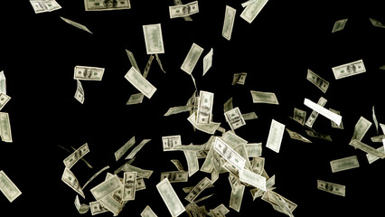 Hundred dollars banknotes fly on black background