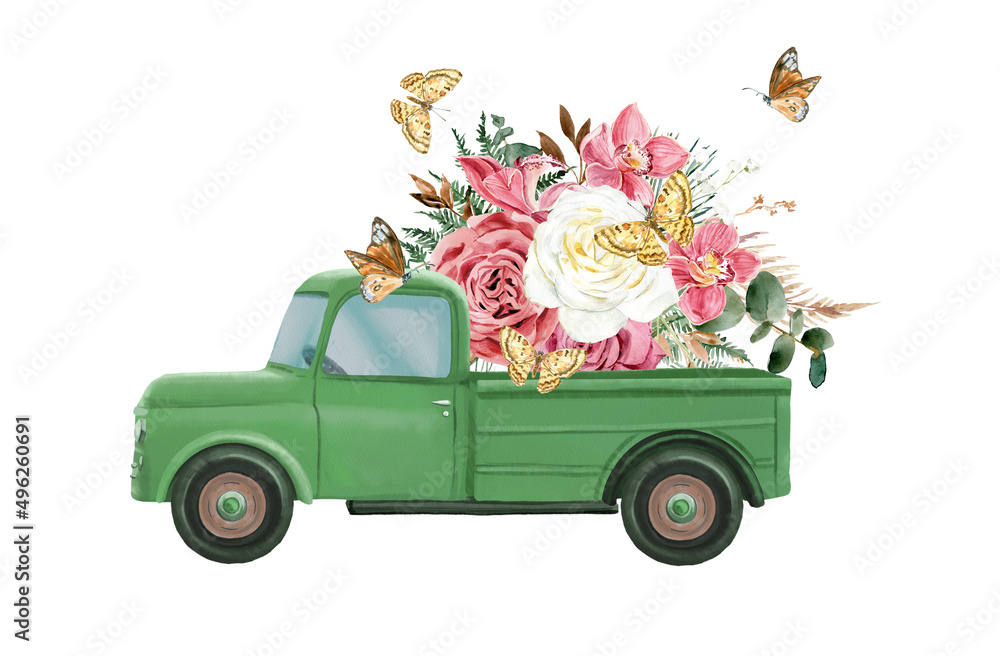 Wall mural watercolor illustration of summer truck with boho flowers and butterfly on white background