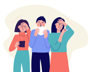 Fototapeta premium A group of people with the first signs of illness. Symptoms of a viral or cold illness. Vector flat characters with headache, cough and runny nose and high fever