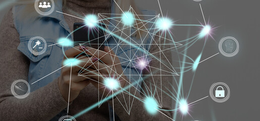 Hand touching modern interface digital transformation and metaverse concept. Connection next generation technology and new era of innovation