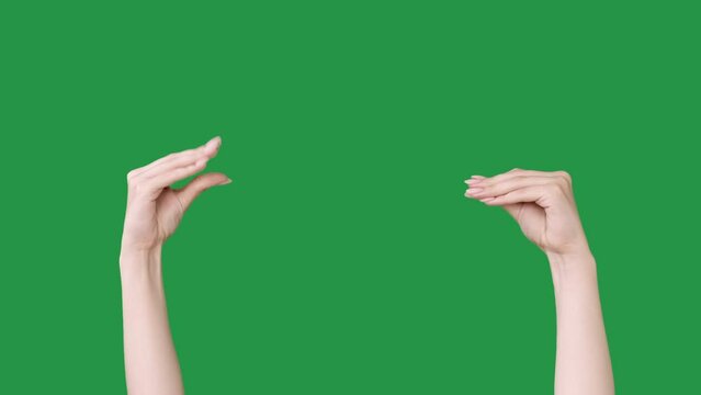 Blah hand. Talk gesture. Chatting communication. Gossipy female fingers speaking isolated on green chroma key free space background.