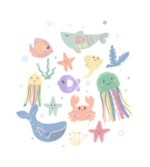 Set of fish and ocean animals. Seaweeds and plants. cartoon fish, jellyfish, stingrays. Undersea world