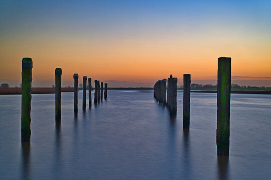 Petkum Marina at dusk, River Ems, East Frisia, Lower Saxony, Germany