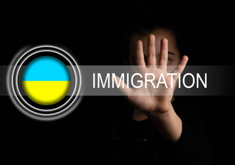 flag of ukraine and the inscription immigration, virtual button