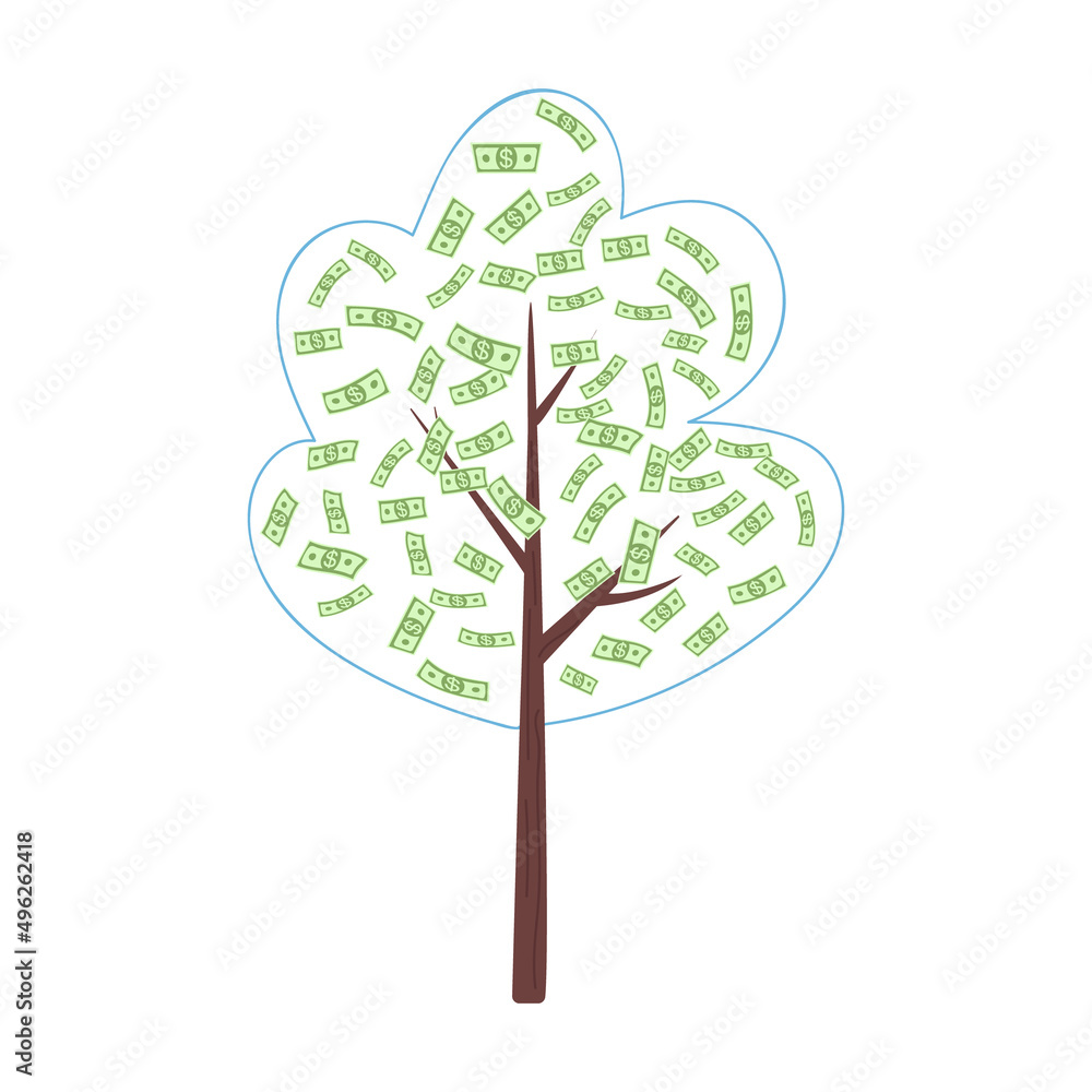 Poster money tree semi flat color vector object. full sized item on white. tree with banknotes. element of 