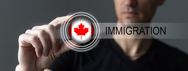 man with Canadian flag and word IMMIGRATION. virtual button