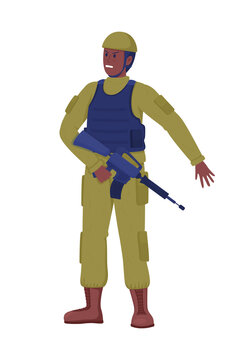 Fighter with carbine semi flat color vector character. Standing figure. Full body person on white. Militant in uniform simple cartoon style illustration for web graphic design and animation